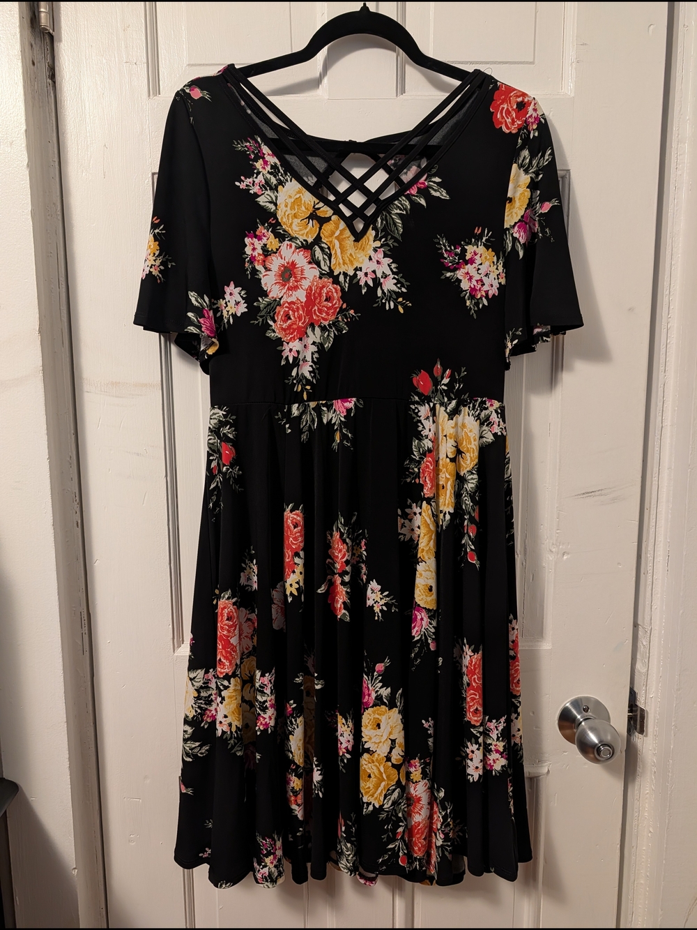 Torrid Black Floral Dress with Lattice V-Neck